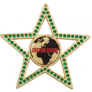SILVER 75MM - GREEN STAR GEMSTONE CUSTOM VINYL DOMED MEDAL **SPARKLE**